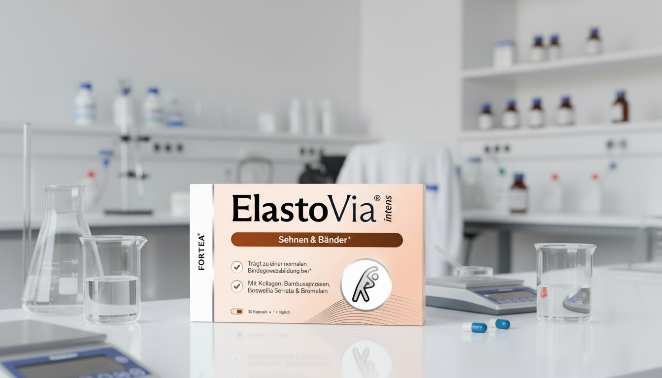 Packaging for ElastoVia supplement in a laboratory setting with glassware and pills.
