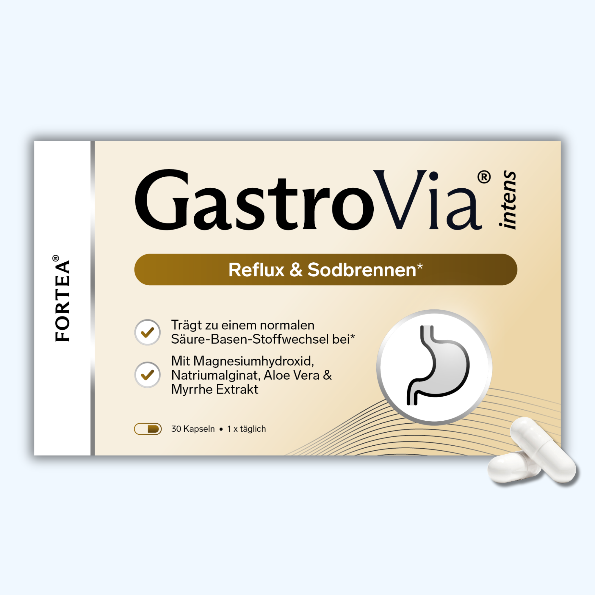 Box of GastroVia capsules for reflux and heartburn with two white capsules beside it.