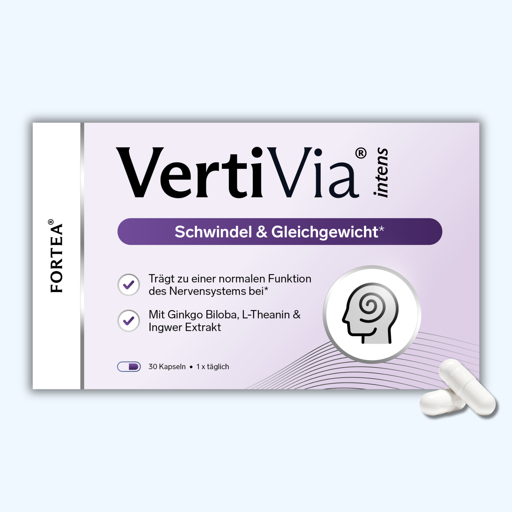 Product packaging for VertiVia capsules with a graphic of a head and capsules displayed.