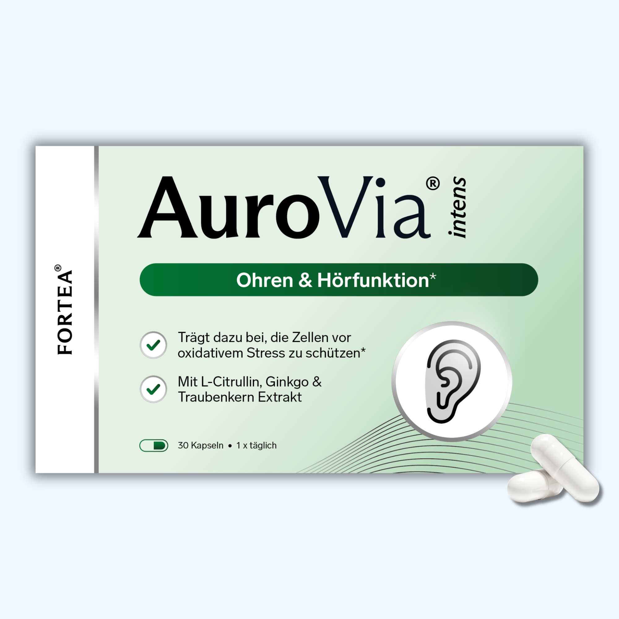 Box of AuroVia capsules for ear and hearing support, with two white capsules shown.