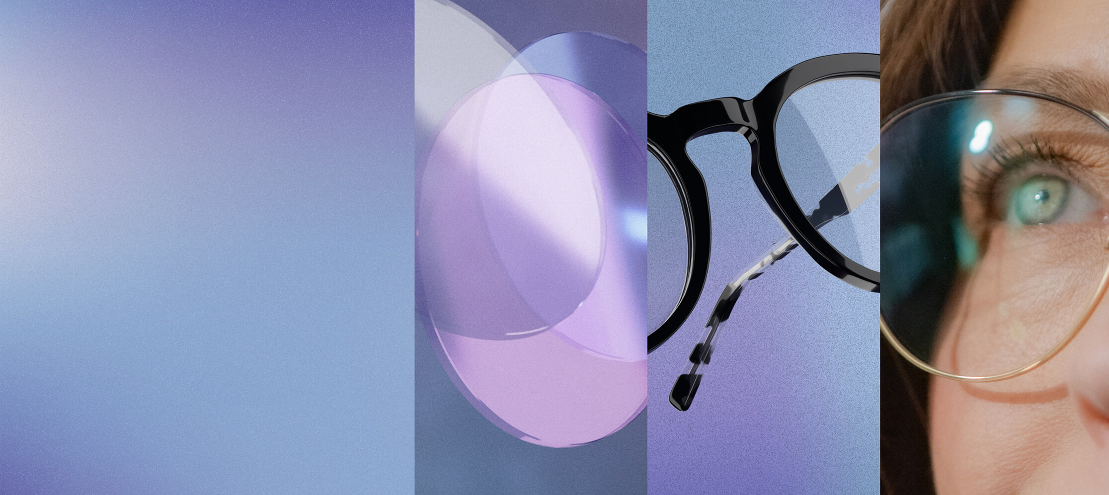 Close-up of eyeglasses, abstract lenses, and a person wearing glasses.