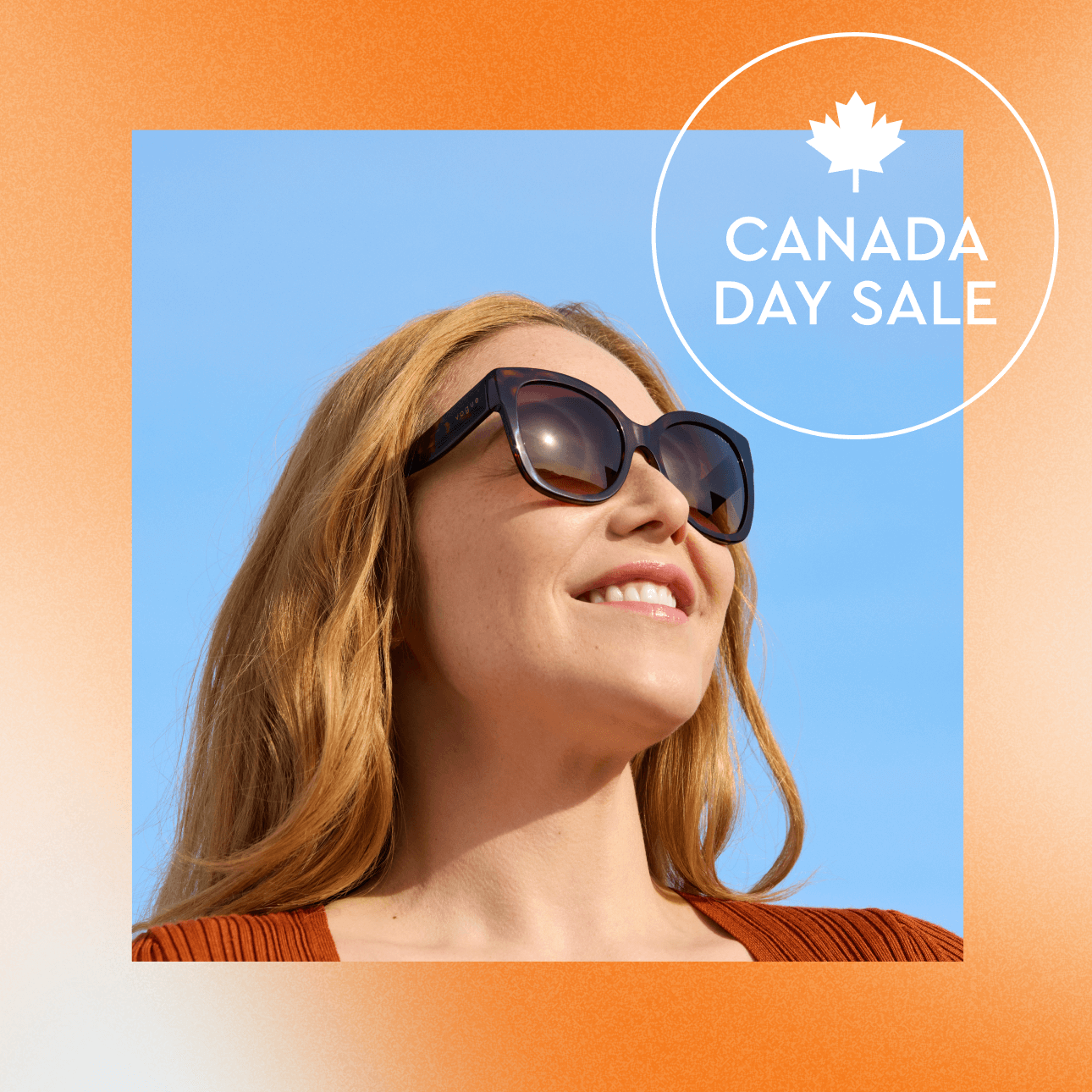 Smiling woman in sunglasses with 'Canada Day Sale' text and maple leaf icon.
