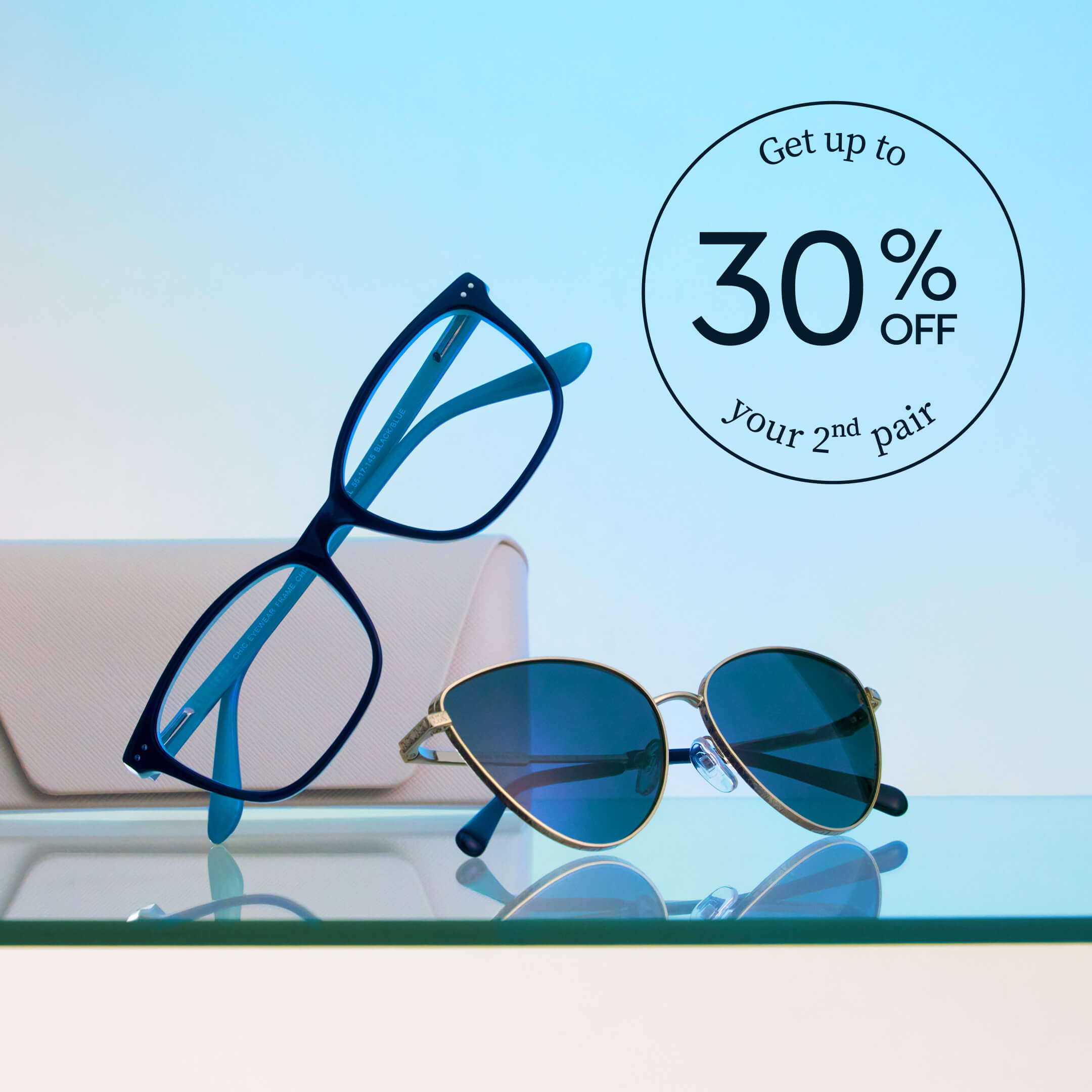 Two pairs of glasses with a 30% off offer on second pair.
