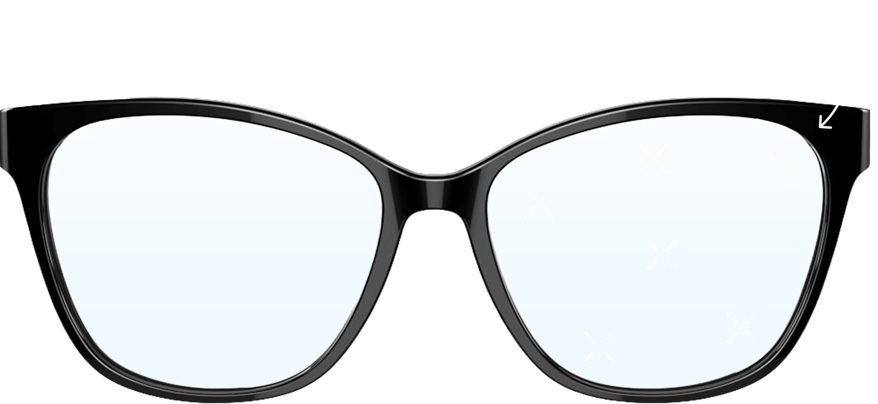 A pair of black-framed glasses with blue lenses, with sparkles and an arrow pointing to the frame.