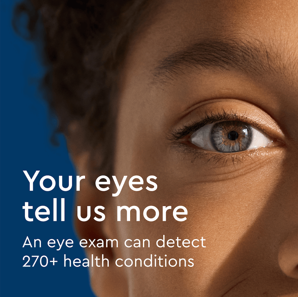 A close-up of a person's blue eye with text that reads 'Your eyes tell us more'.
