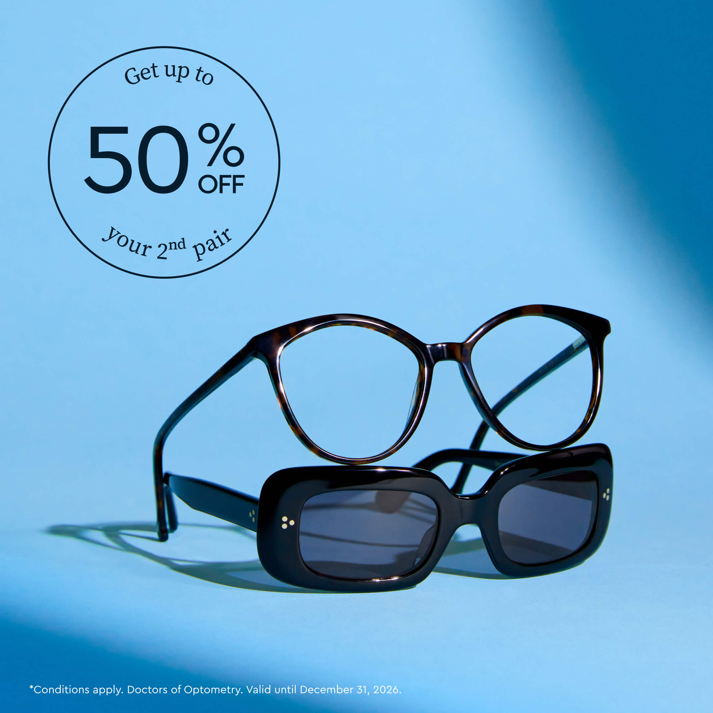 An advertisement showing two pairs of glasses against a blue background, offering 50% off the second pair.