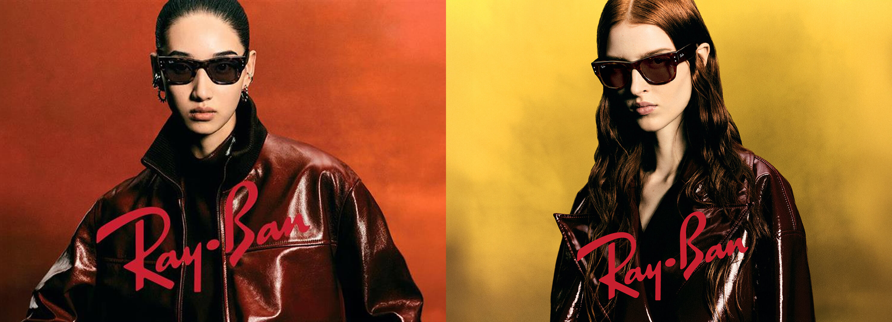 Two people wearing sunglasses and leather jackets with Ray-Ban logo, against red and yellow backgrounds.