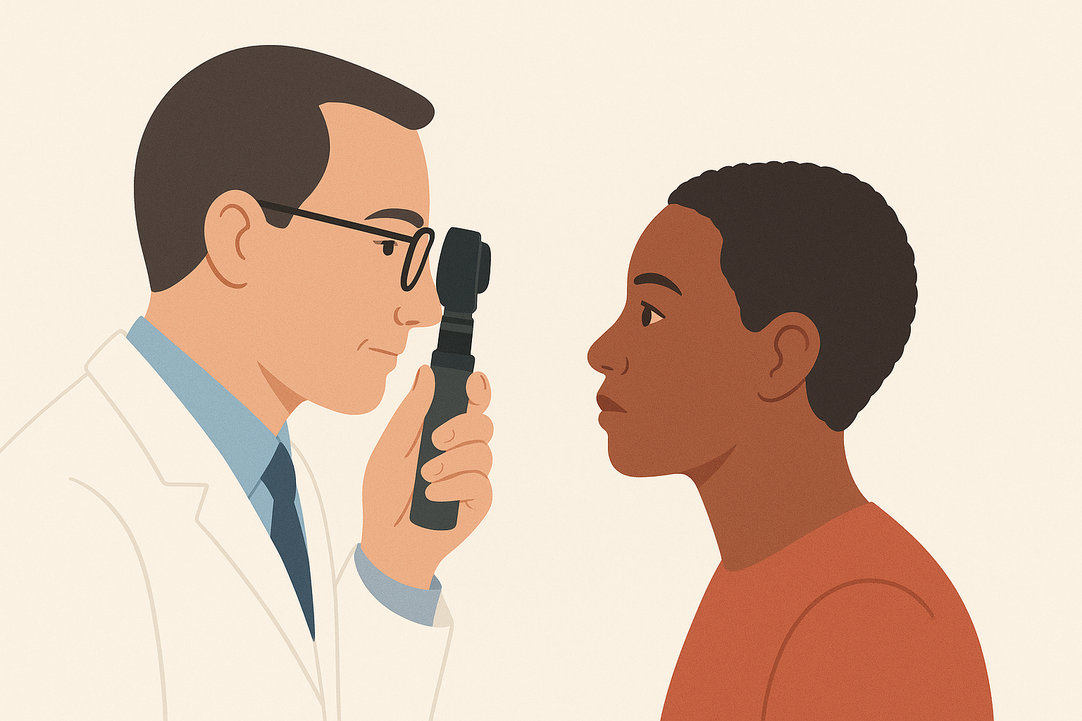 Illustration of a doctor examining a patient's eye with an ophthalmoscope.