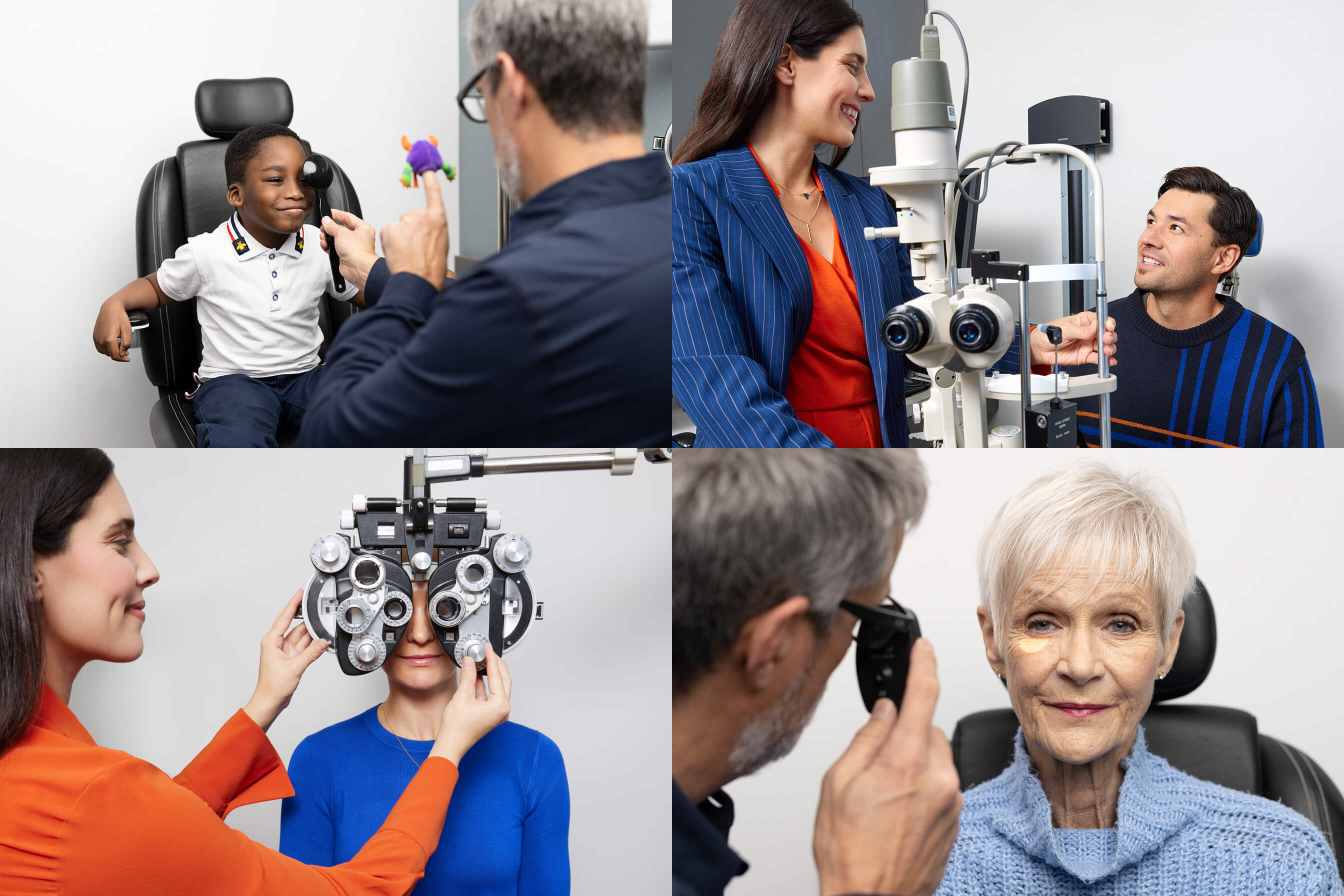 Collage of people undergoing eye exams with various optometry equipment.