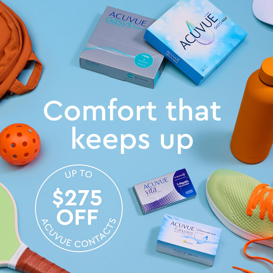 Acuvue contact lens boxes surrounded by sports equipment, including a paddle, ball, water bottle, backpack, and sneaker.