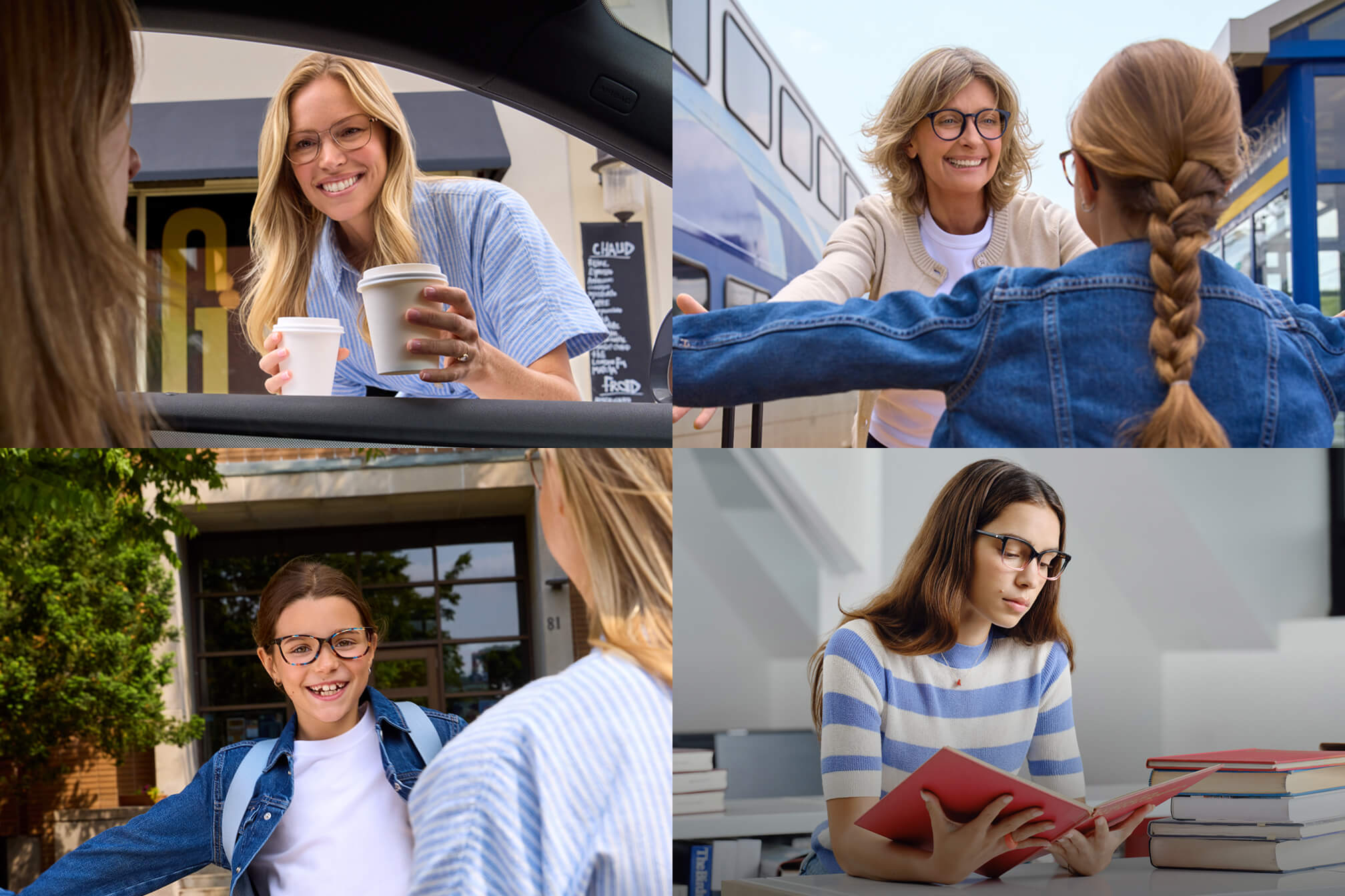 Collage of people interacting, including coffee, hugs, and reading.