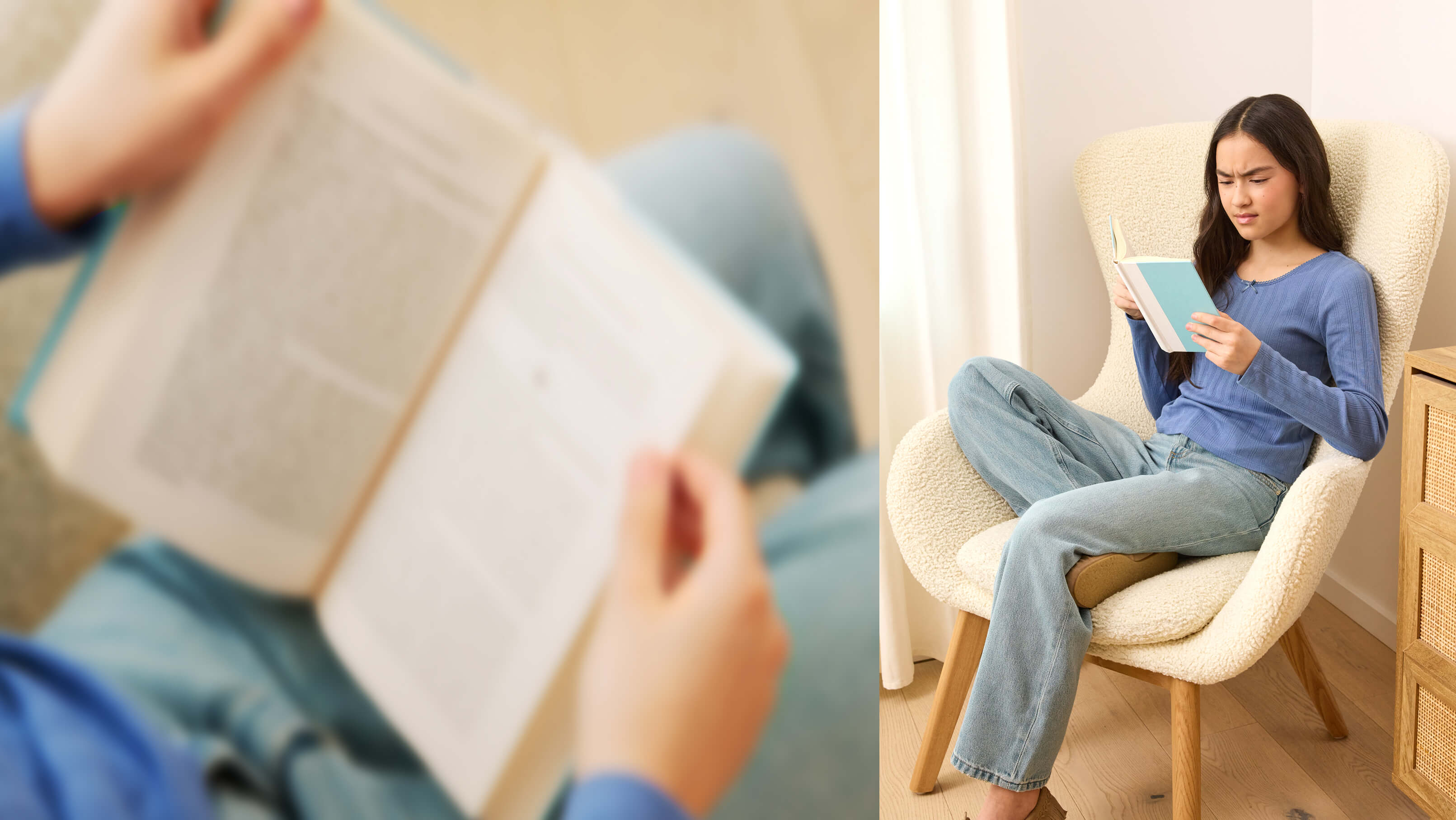 Teenager struggling to read a book because of myopia, blurry vision.