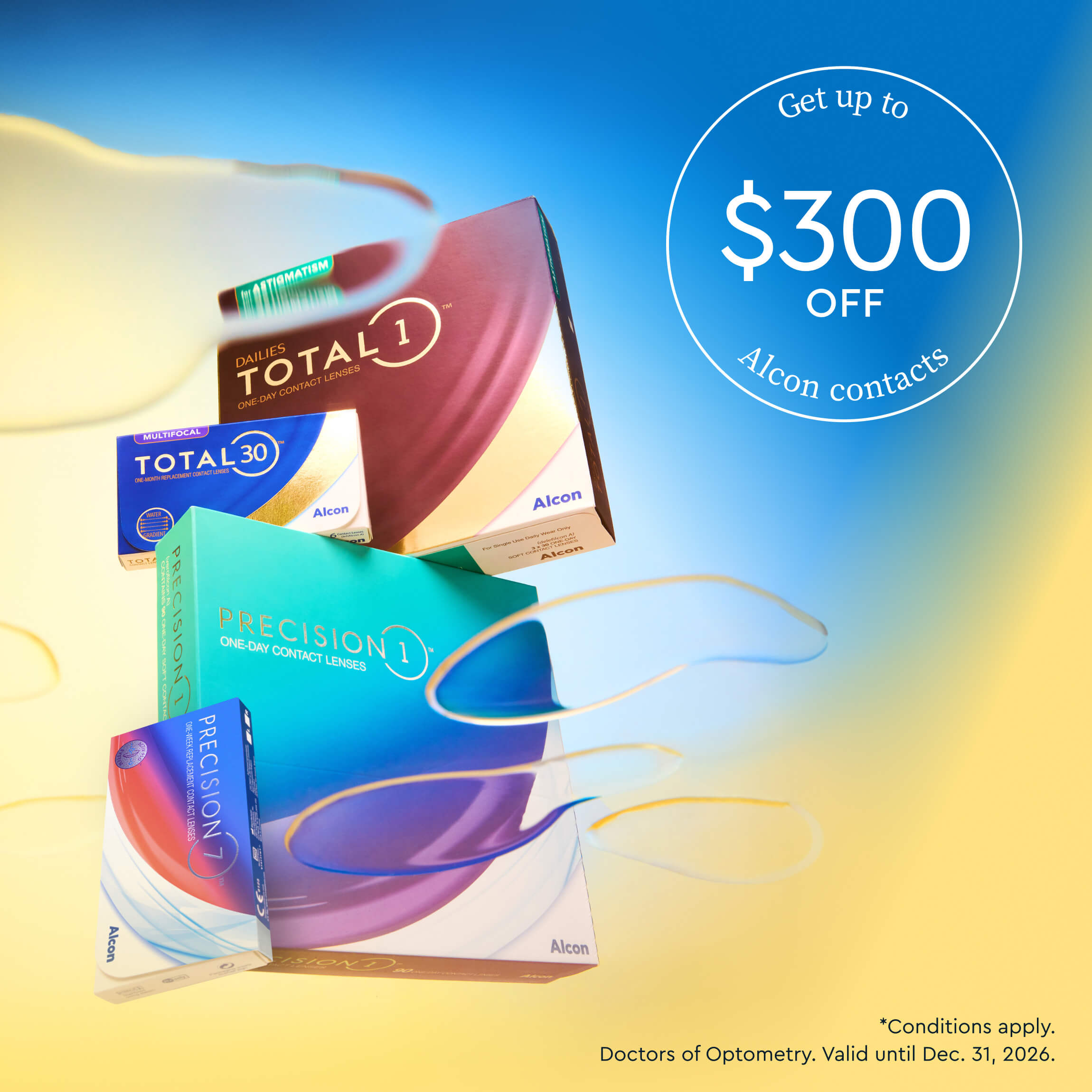 An advertisement for Alcon contact lens boxes with a promotion for up to $300 off.
