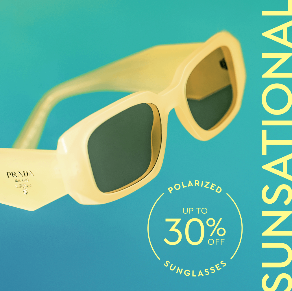 An advertisement for a sunglasses sale, featuring a pair of yellow frames against a blue background. 
