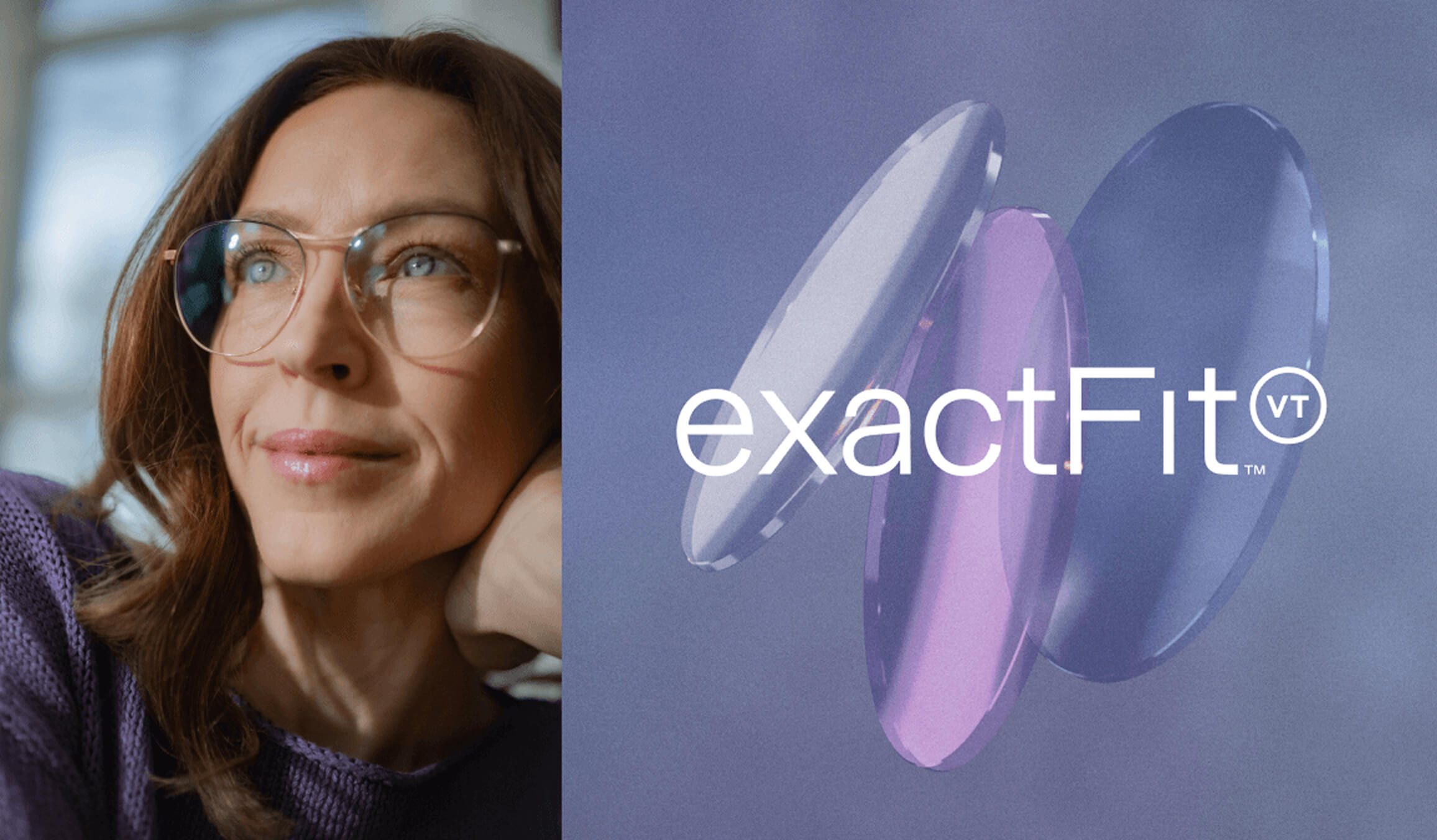 Woman with glasses and text 'exactFit' next to lens shapes.