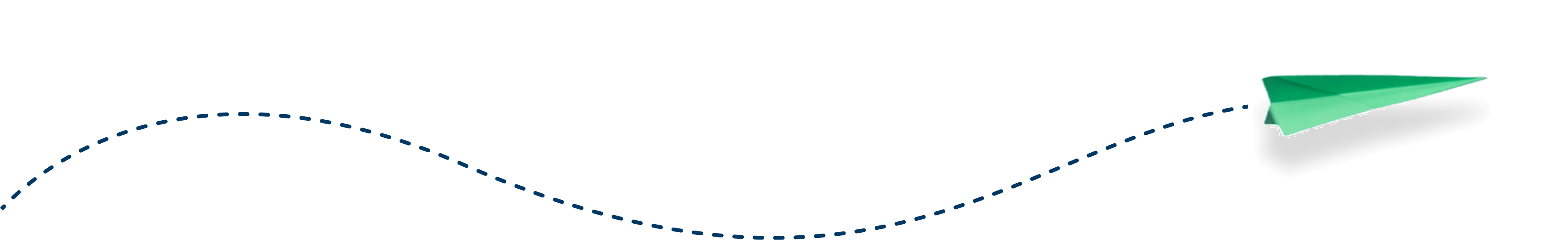 A green paper airplane follows a wavy, dark blue dotted line.