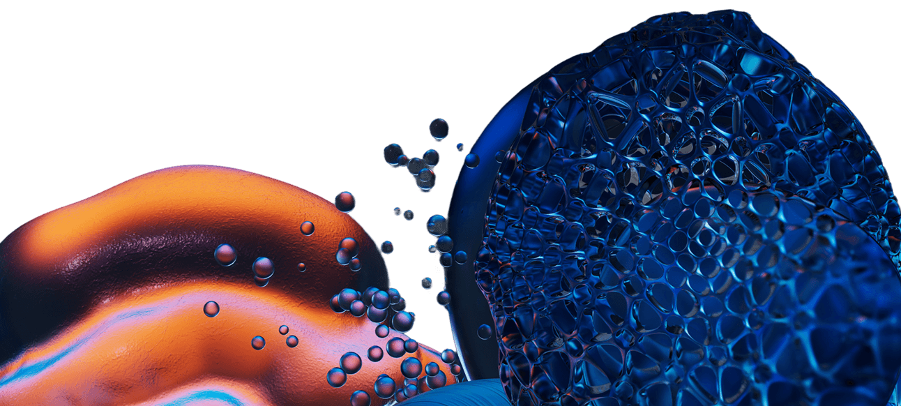 An abstract rendering of an orange form and a blue web-like sphere with bubbles floating between them.
