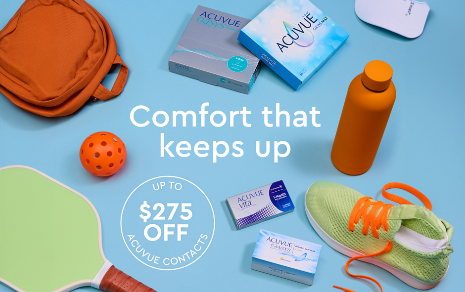 Acuvue contact lens boxes surrounded by sports equipment, including a paddle, ball, water bottle, backpack, and sneaker.
