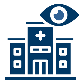 A blue icon of a hospital building with a large eye floating above it.