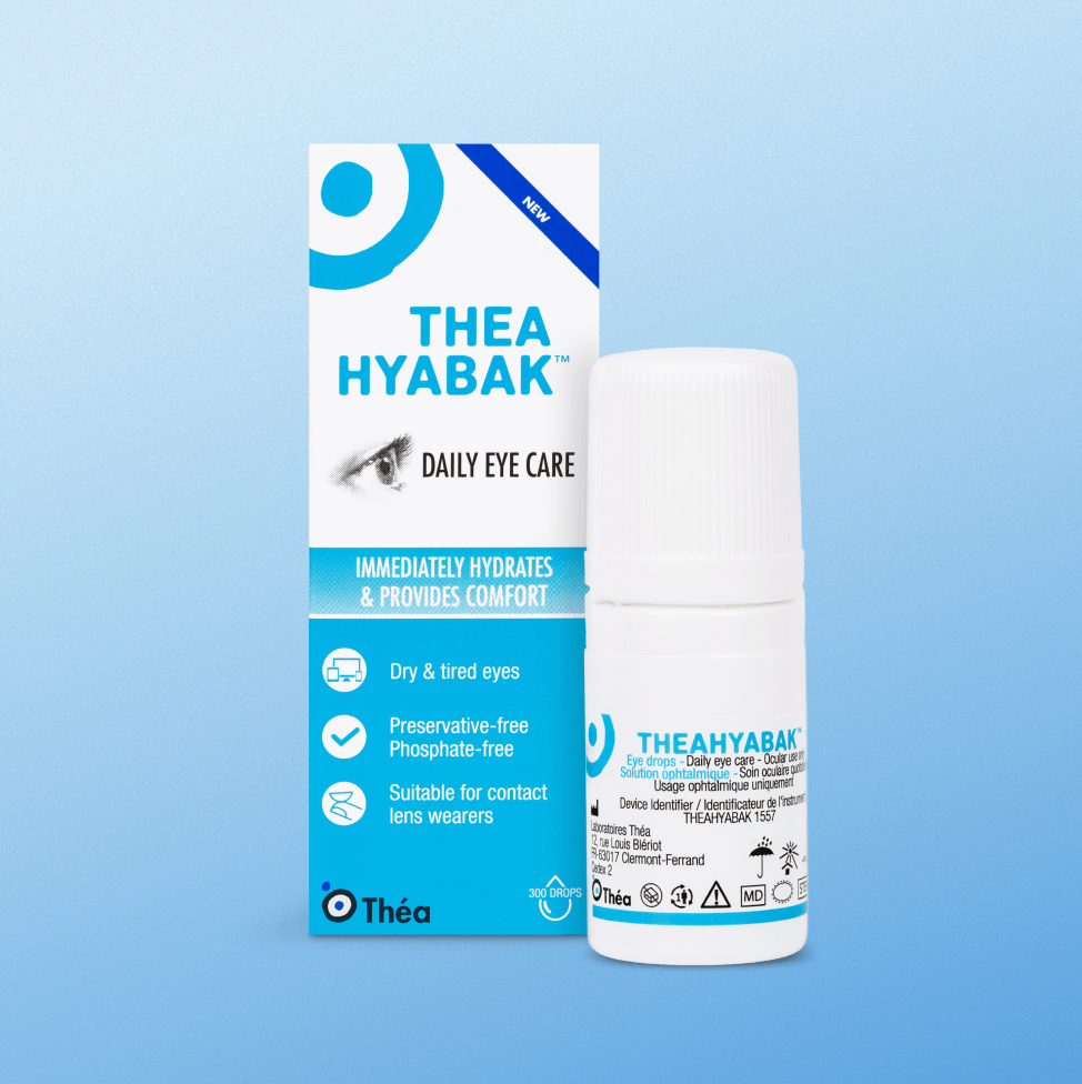A box and bottle of Thea Hyabak daily eye care drops against a light blue background.