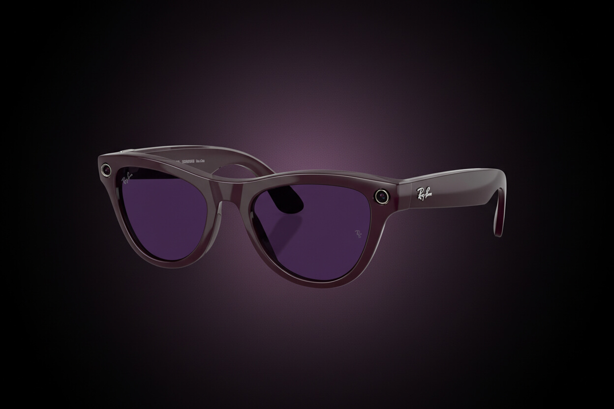 Purple Ray-Ban Meta glasses with dark lenses on a gradient background.