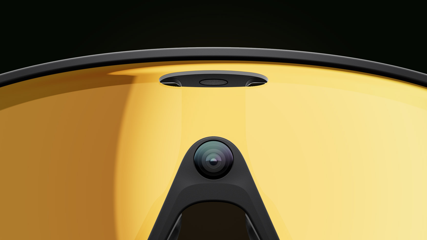 Futuristic yellow Meta Smart Glasses against black background.