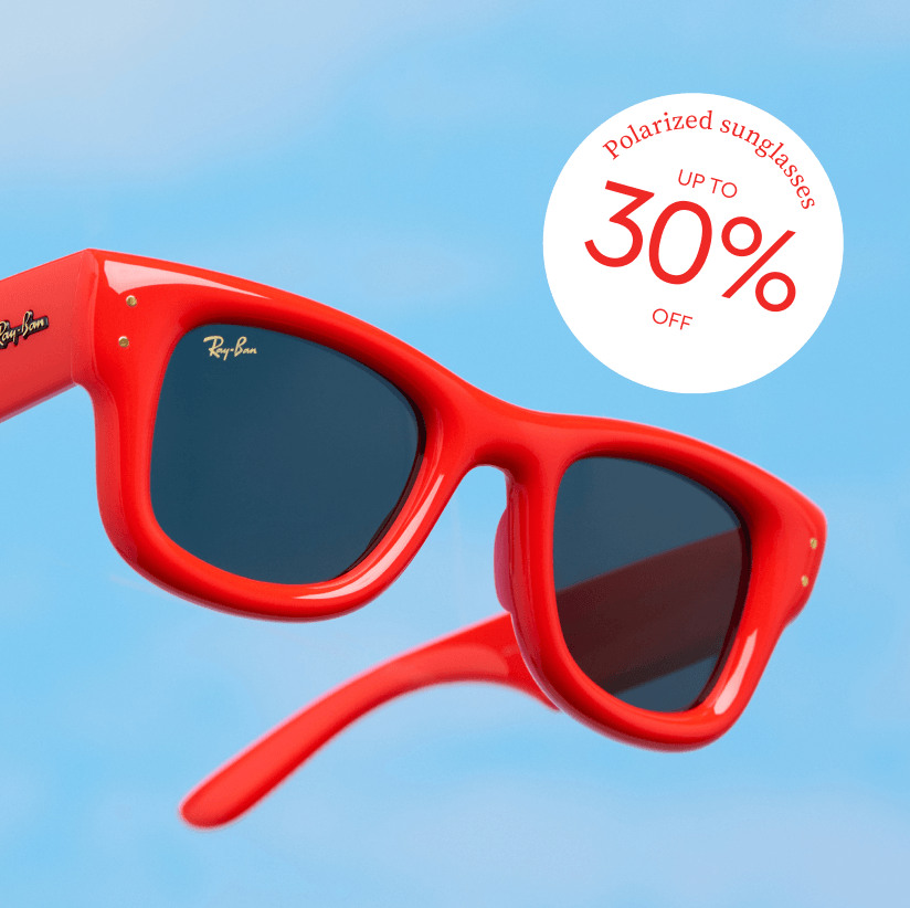 Red glasses against a sky background, polarized sunglasses 30% off