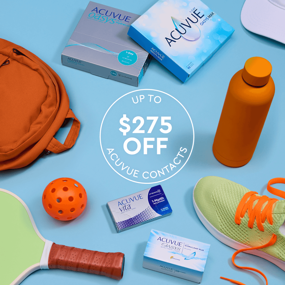 Acuvue contact lens boxes arranged with sports equipment and a promotional offer for up to $275 off.