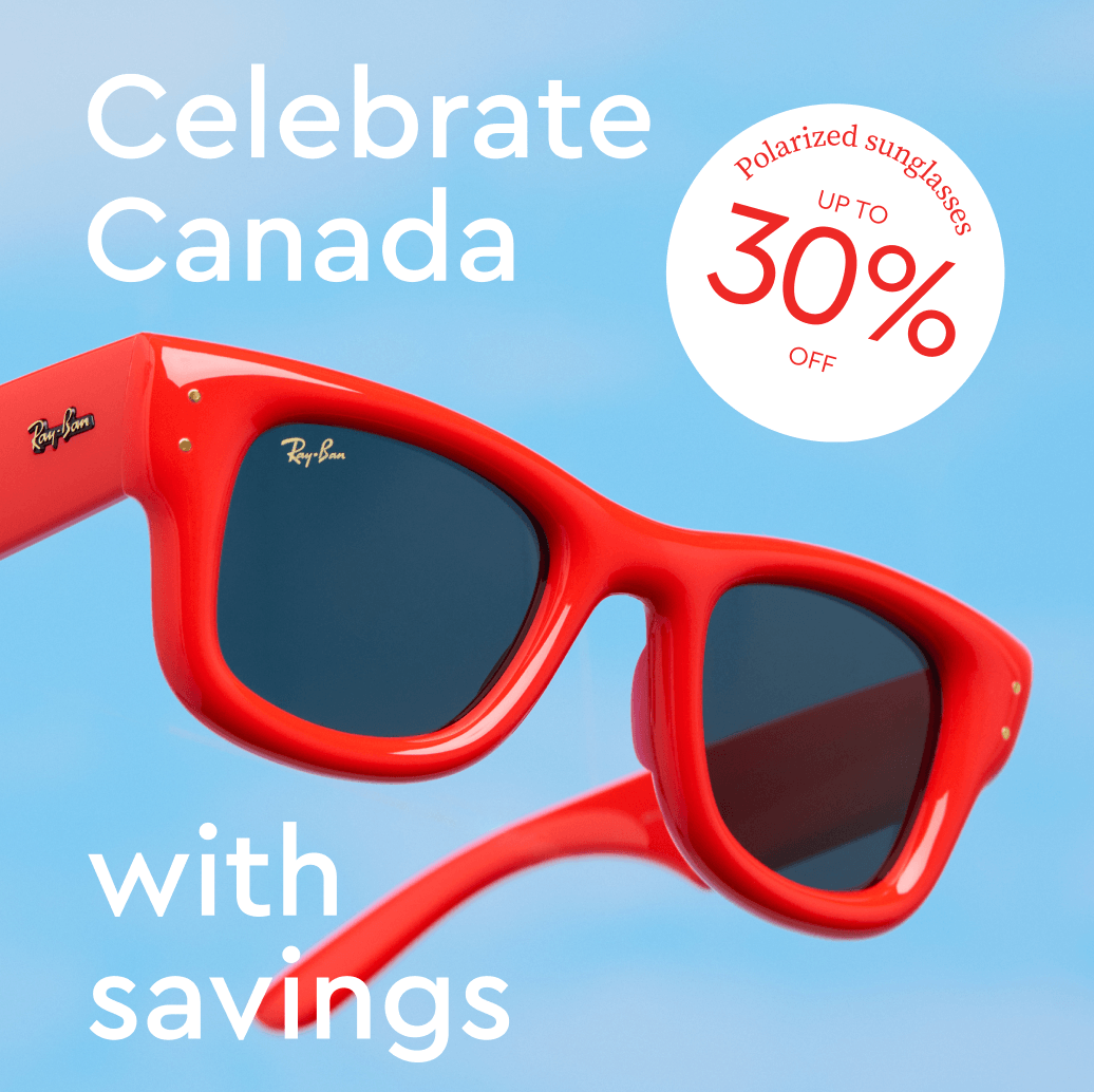 A close-up of red Ray-Ban sunglasses with text advertising a Canada Day sale of up to 30% off.