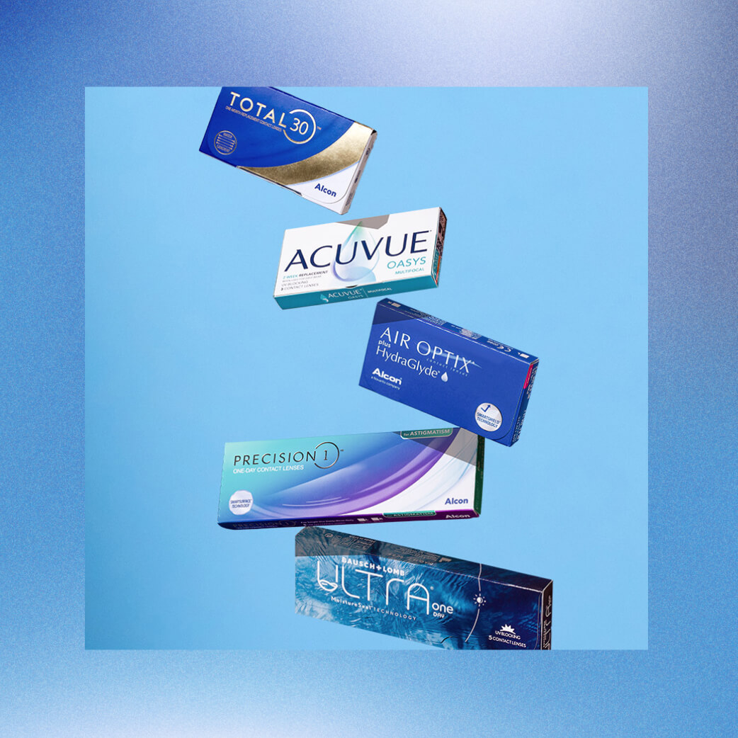 Boxes of different contact lenses on a blue background.