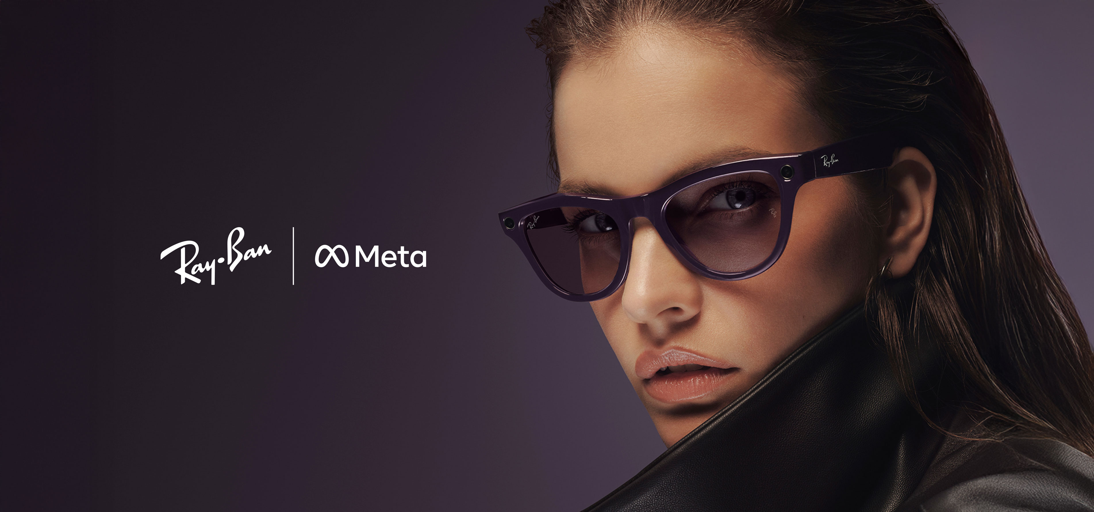 Woman wearing Ray-Ban sunglasses, with Ray-Ban and Meta logos on a dark background.