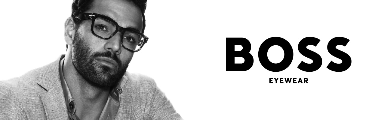 Man wearing glasses with 'BOSS Eyewear' text on the right.