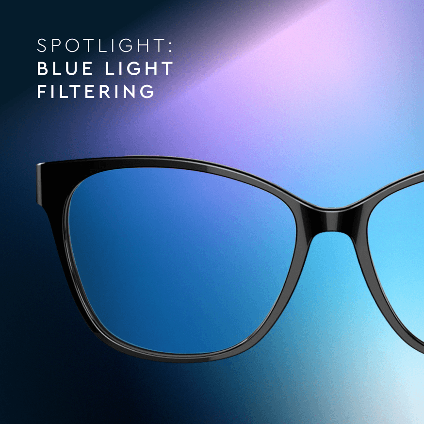 A close-up of black-framed glasses with blue lenses and text that reads 'Spotlight: Blue Light Filtering'.