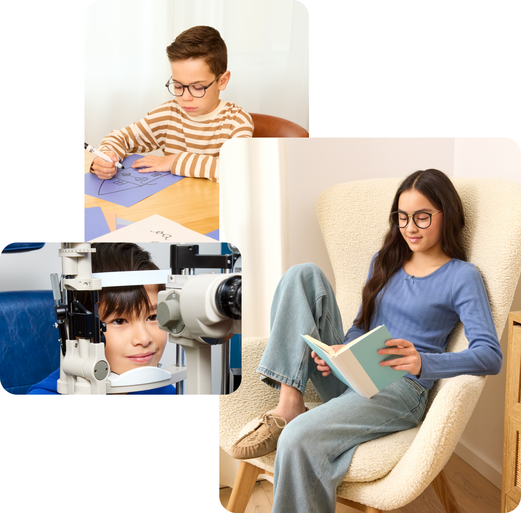 Mosaic of children reading, drawing, and doing an eye exam