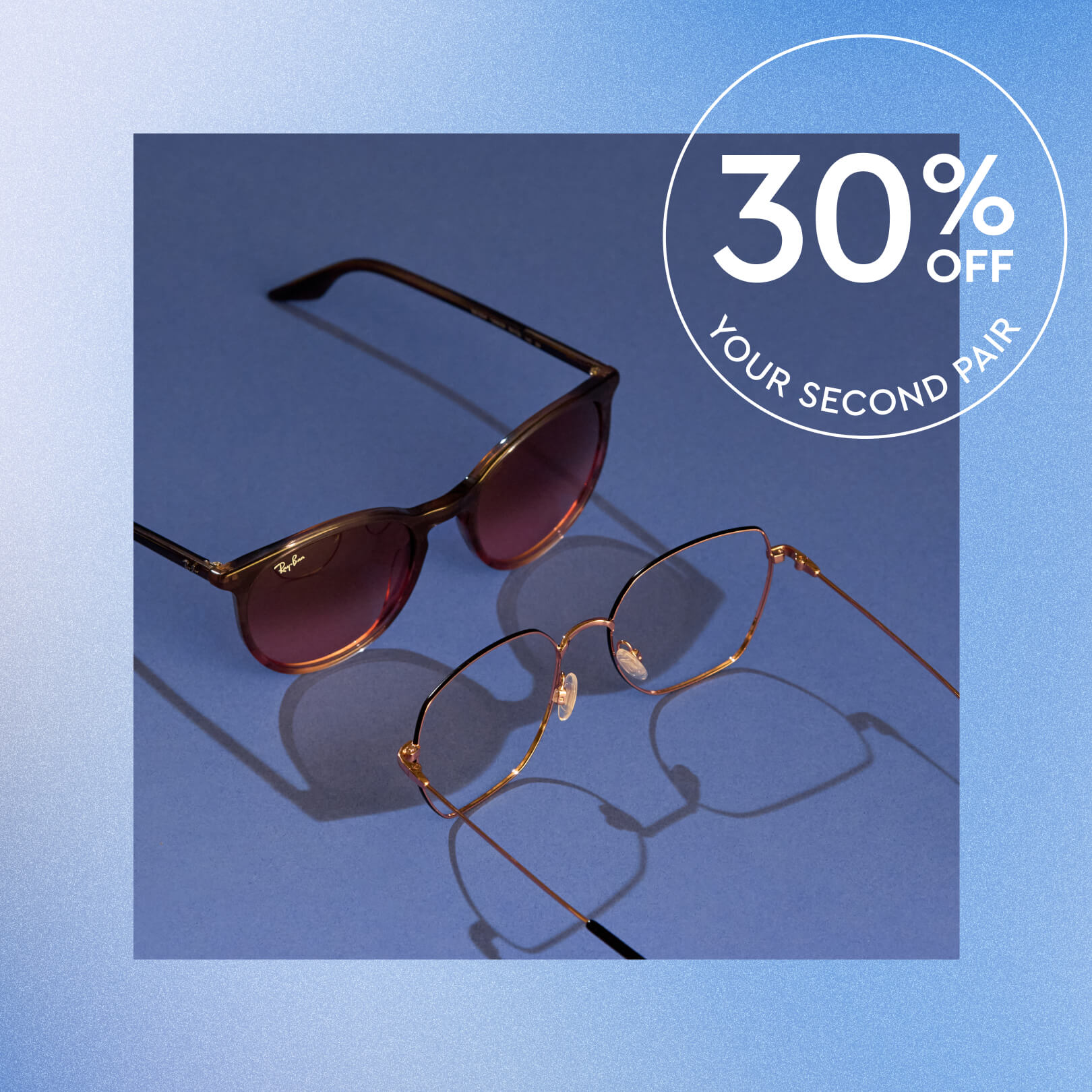 Two pairs of glasses on a blue background with a 30% off offer.