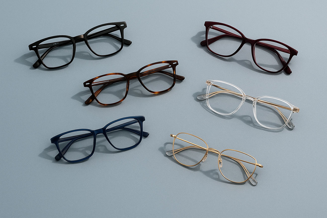 Six eyeglasses with different frame colors on a blue surface.