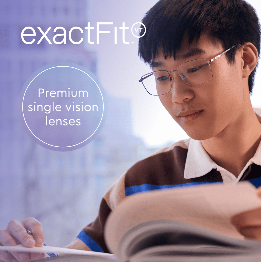 A young man wearing glasses reads a book, with text promoting premium single vision lenses.