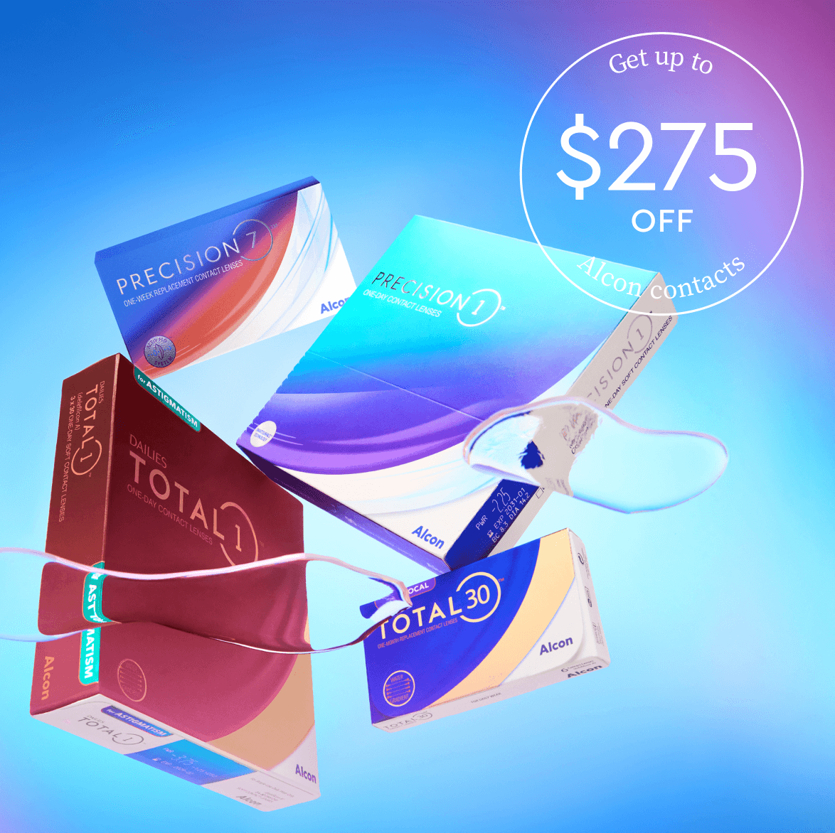 An advertisement for various Alcon contact lens brands offering a discount of up to $275 off.