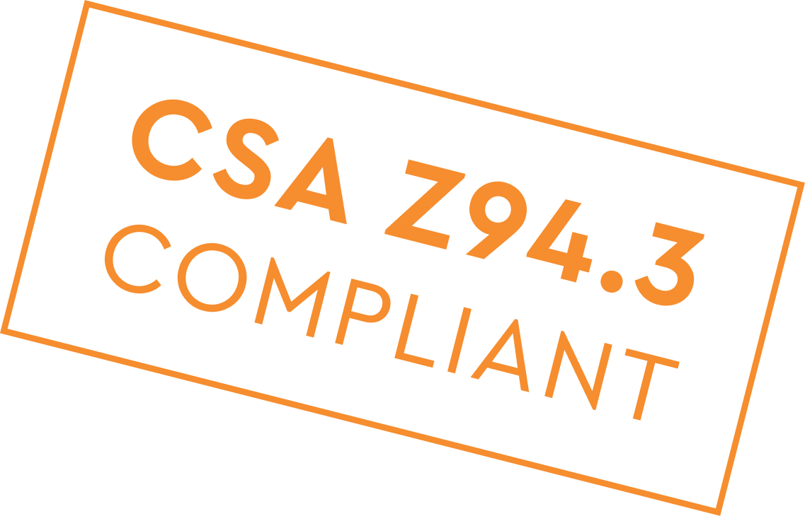 An orange stamp that reads 'CSA Z94.3 COMPLIANT' inside a tilted rectangular border.