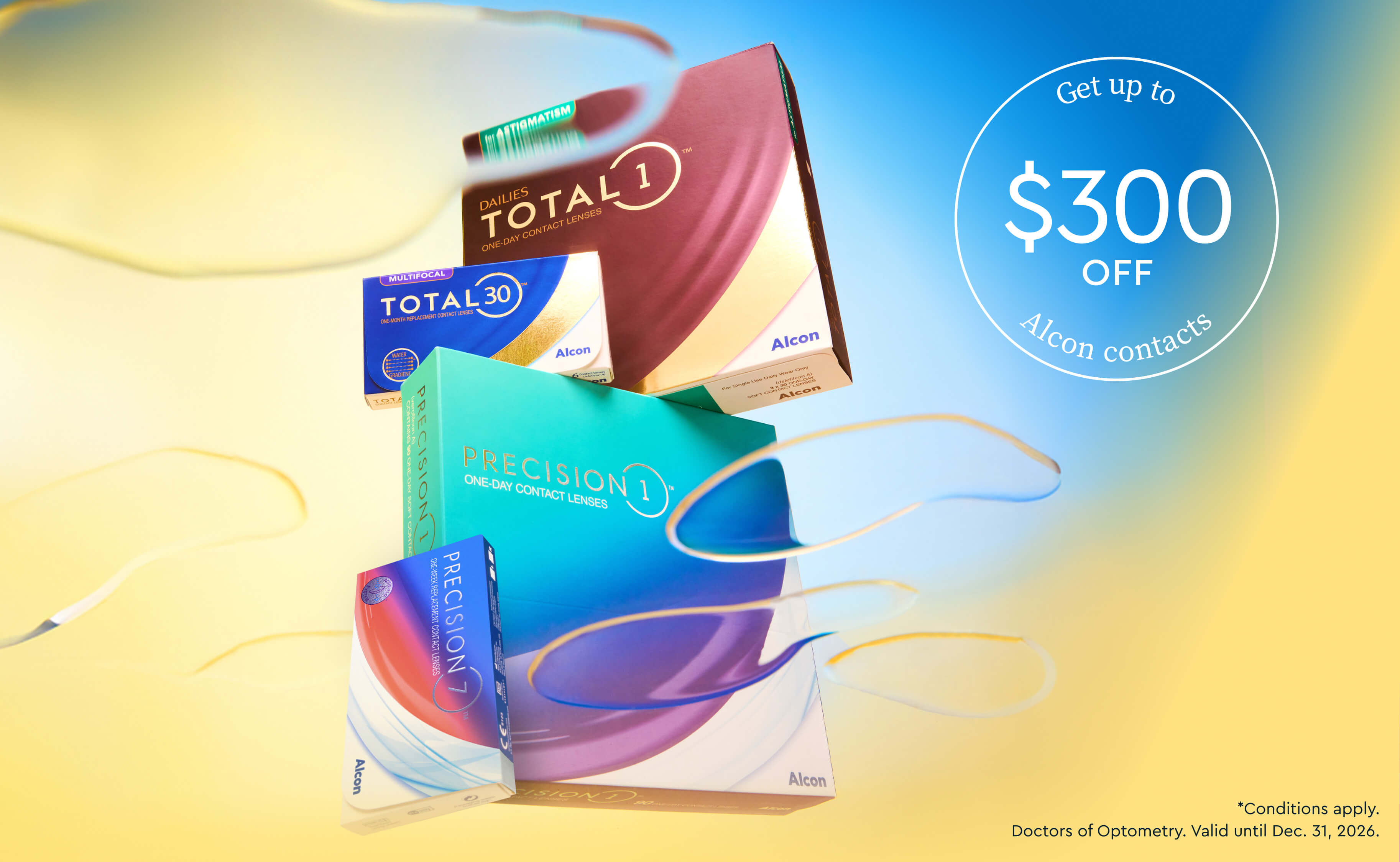 An advertisement for Alcon contact lenses showing product boxes and a promotion for up to $300 off.