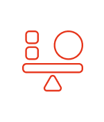 A red line icon of a balance scale with two squares on one side and a circle on the other.