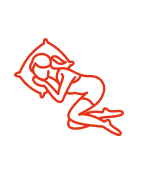 An icon of a person sleeping in a bed under a crescent moon, inside a hexagon.