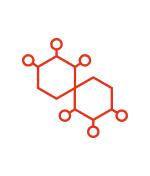 A red chemical structure icon inside a black hexagon with a white border.