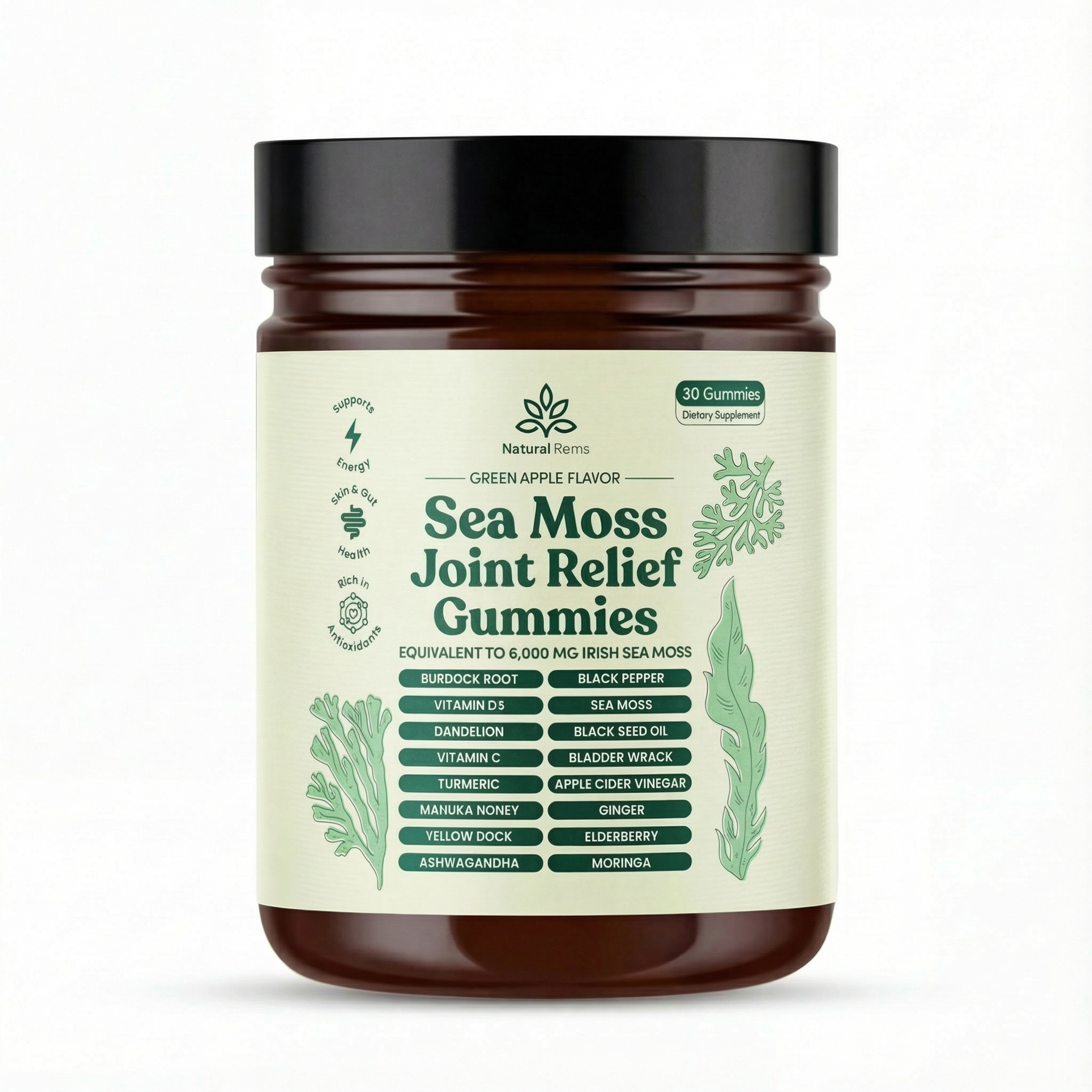 Brown jar labeled 'Sea Moss Joint Relief Gummies' with ingredients and graphics.