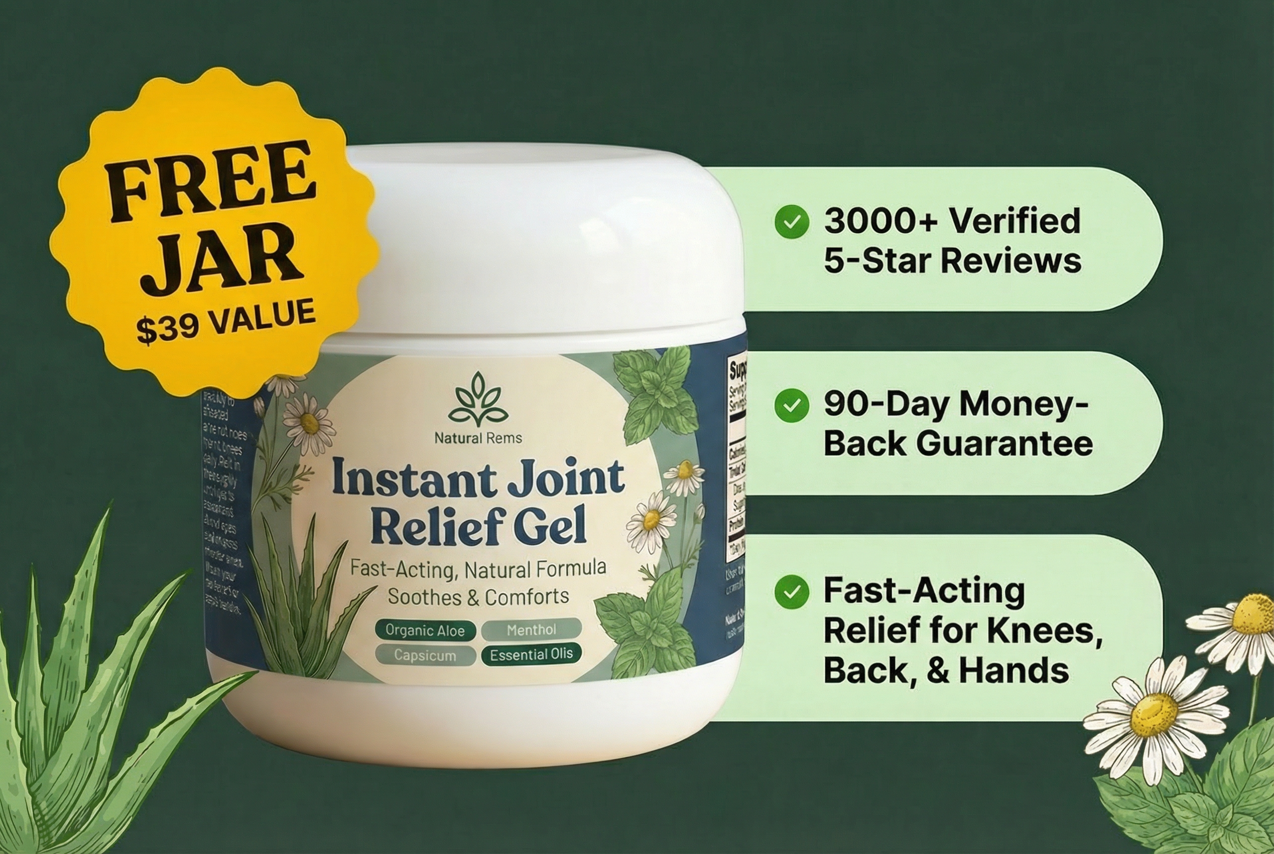 An advertisement for Natural Rems Instant Joint Relief Gel, showing the product jar and key benefits.