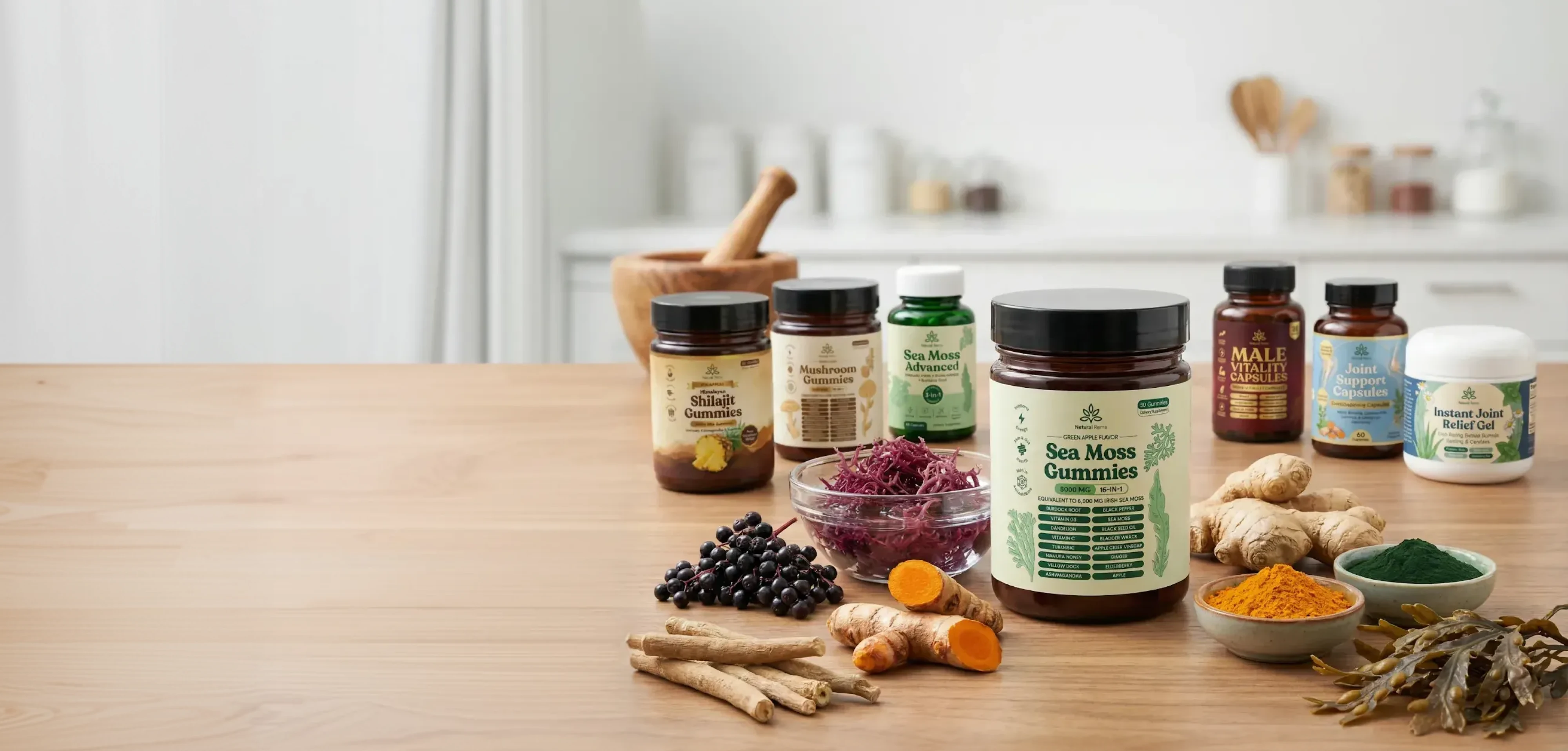 A collection of supplement bottles and their raw ingredients like ginger and berries on a wooden table.