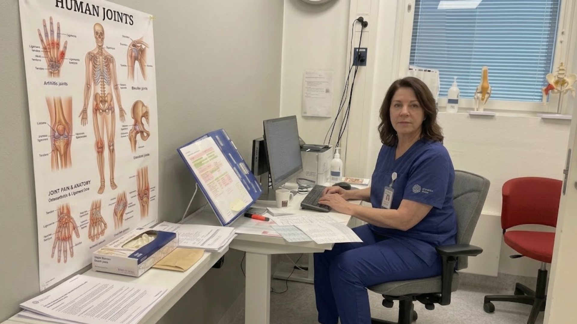 A woman in blue scrubs sits at a desk in a medical office with anatomical charts and models.