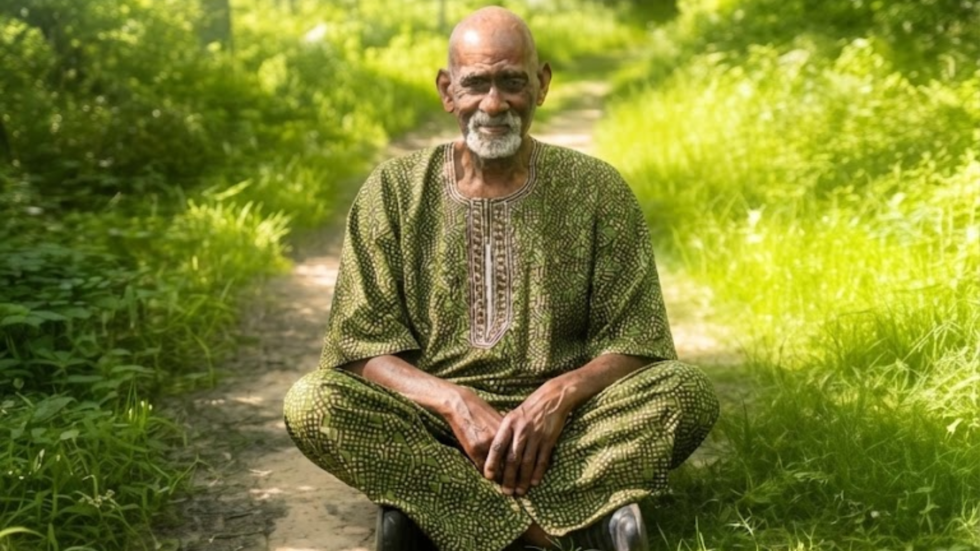 An elderly Black man in a green patterned outfit sits cross-legged on a dirt path outdoors.