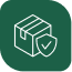 A line-art icon of a package with a protective shield and checkmark on a green background.