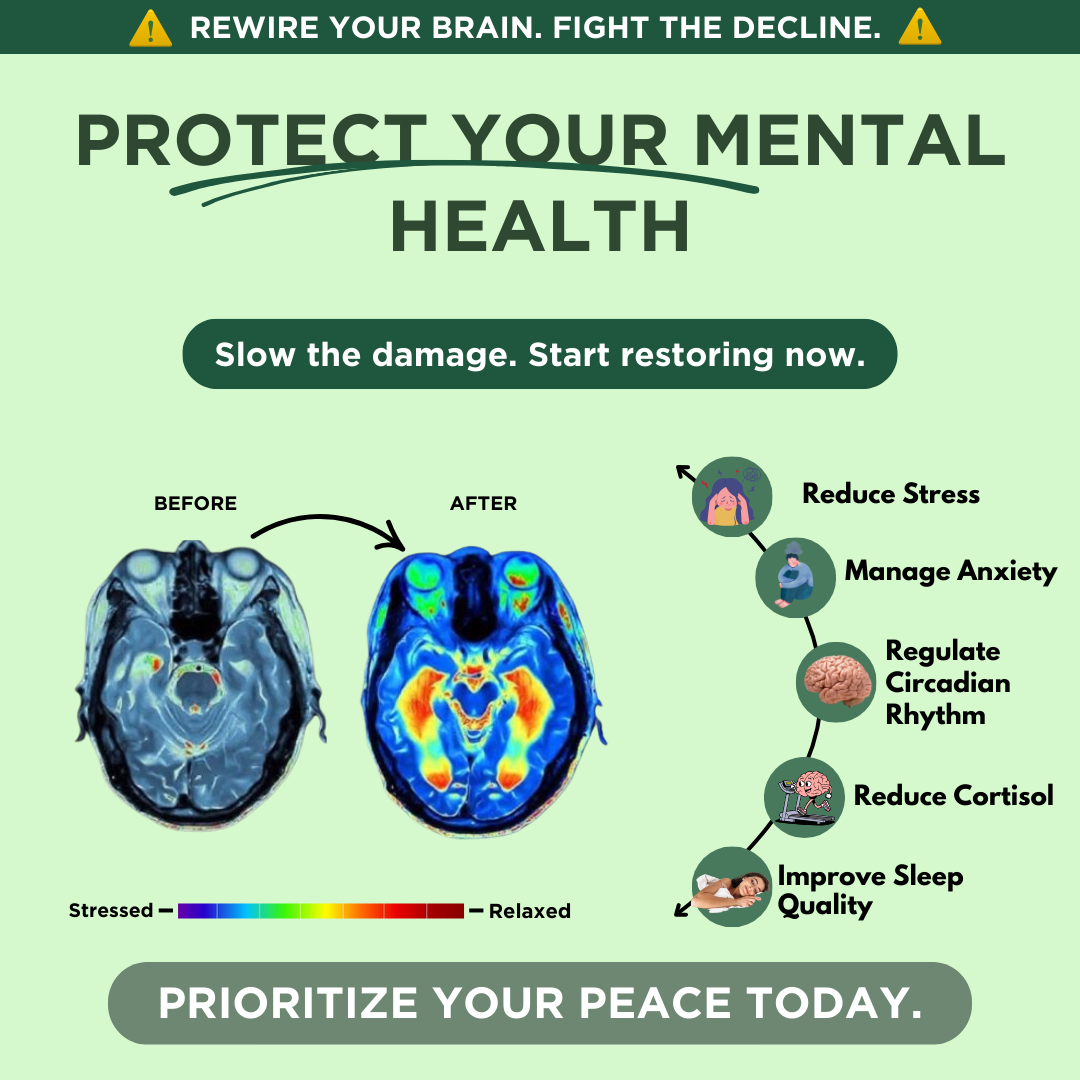 Infographic on mental health with brain scans and stress reduction tips.